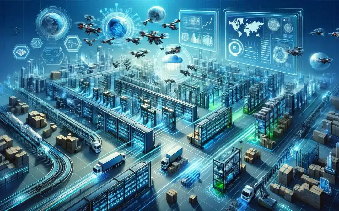 Illustration dynamique montrant l'optimisation de la logistique e-commerce avec entrepôts automatisés, gestion des stocks en temps réel, et livraison rapide par drones et véhicules.
